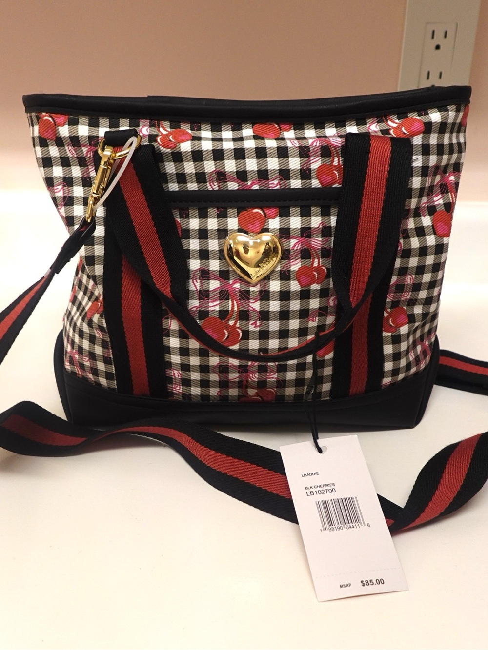 Luv Bestey Betsey Johnson retro pin-up Black and white gingham cherry print bag